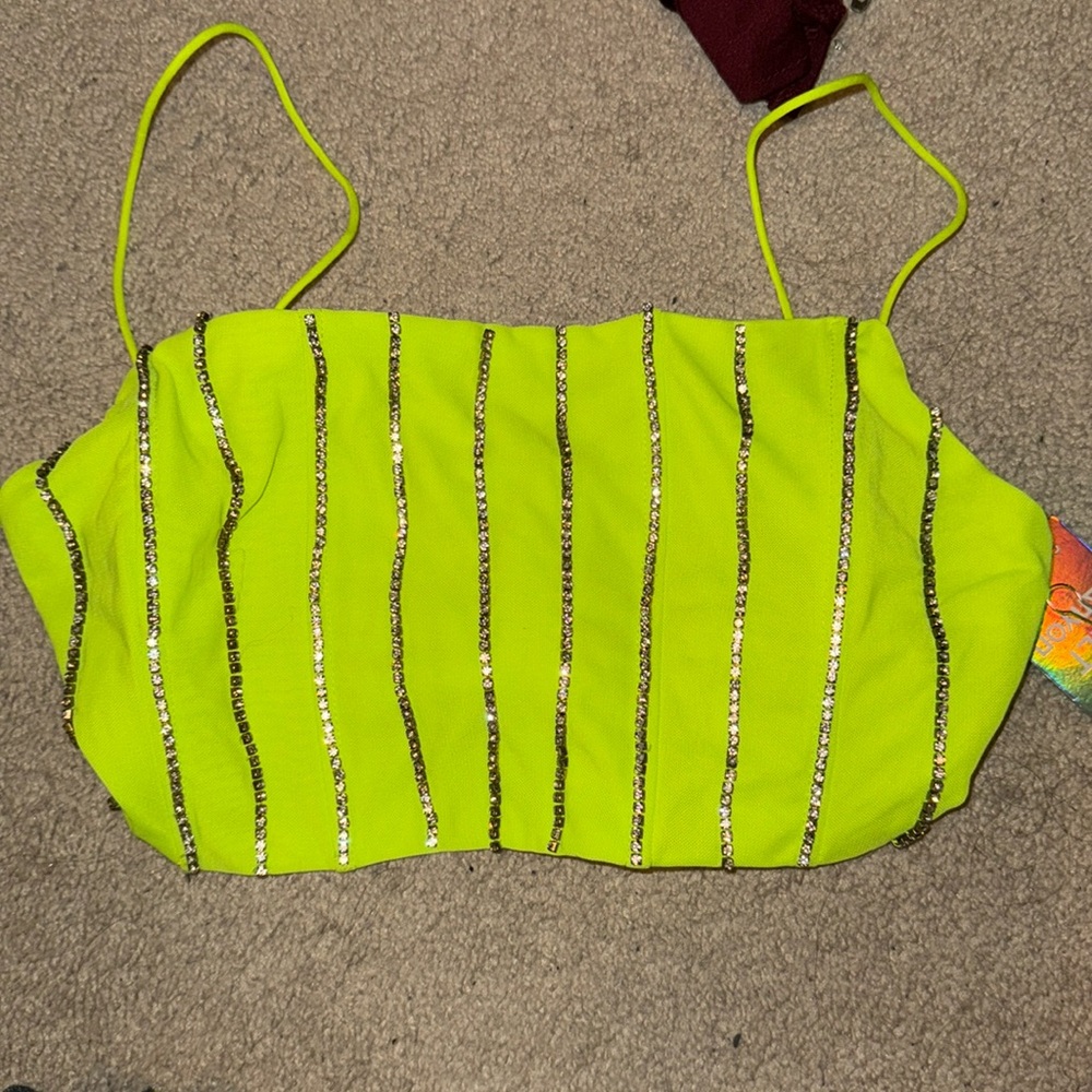 Lime green crop top with rhinestones